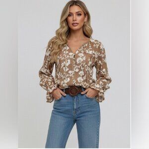 Embroidered Tie Front  Button Down Knit Top Brown
